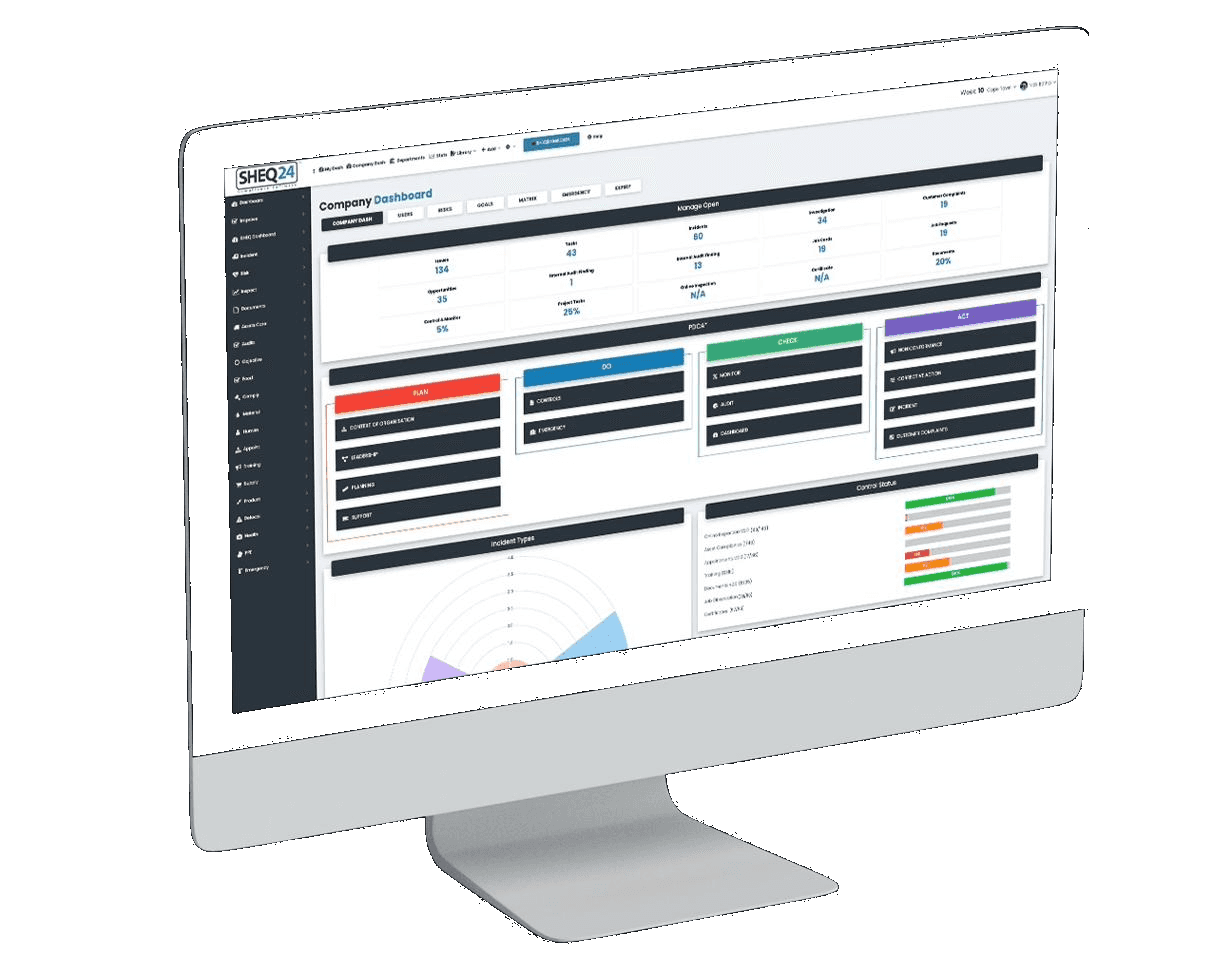 SHEQ24 company dashboard showing open issues, incidents and plan-do-check-act controls