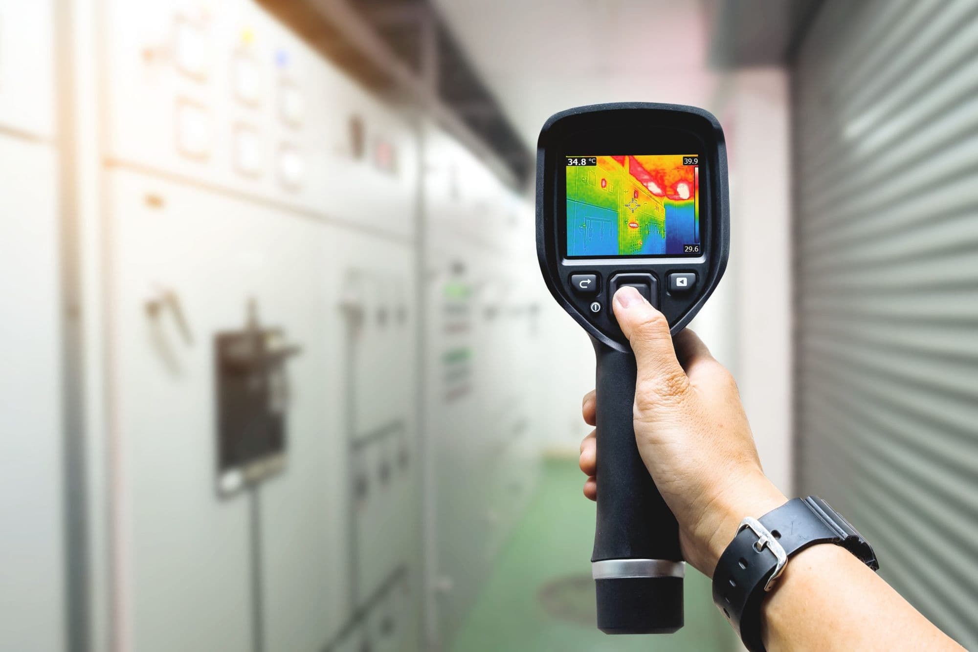 Thermal camera showing hot spots on switchgear in an electrical room