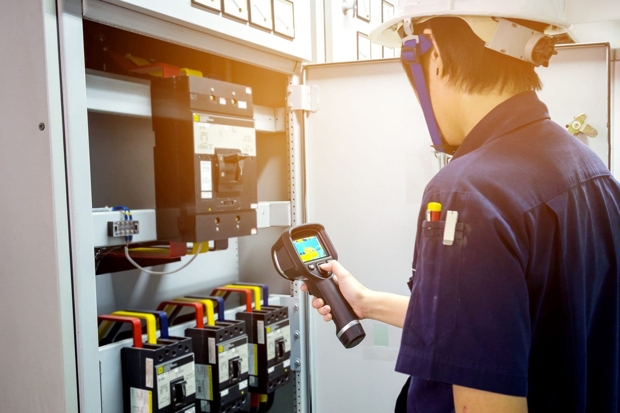 Technician scanning an electrical distribution board with a thermal imaging camera